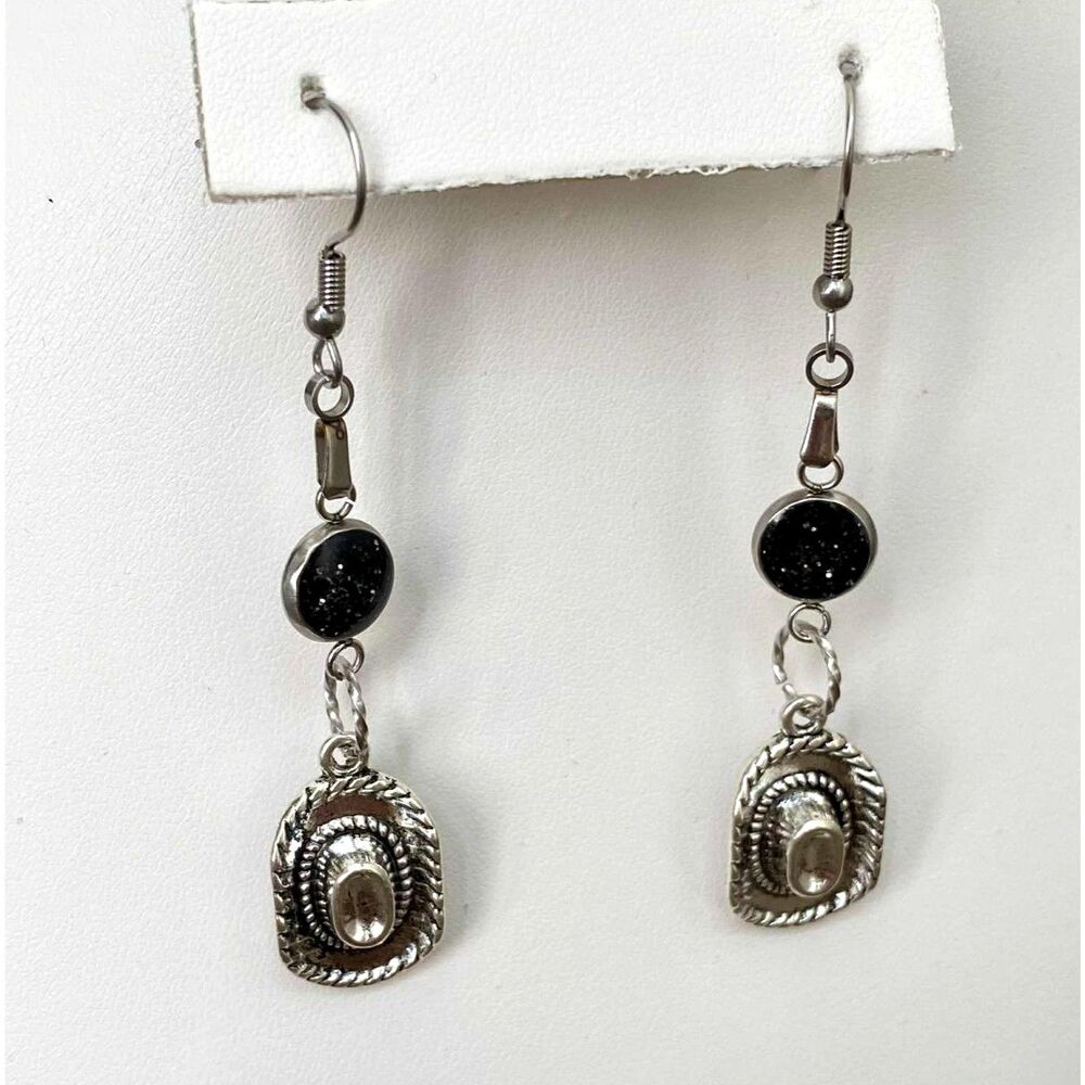 Silver-toned Miniature Cowboy Hat Earrings - Picture 3 of 3